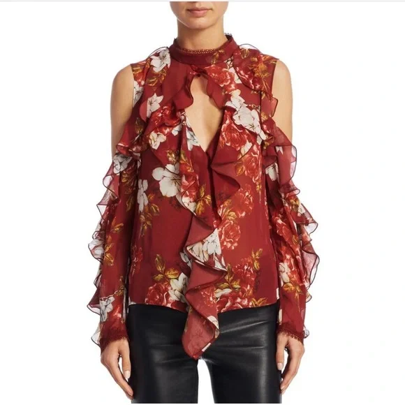 NWT NICHOLAS Floral Print Ruffle Cold Shoulder Silk Blouse - Picture 3 of 13